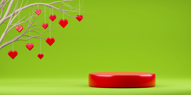红色讲台旁的树上挂着情人节的红心装饰。三维渲染图片下载