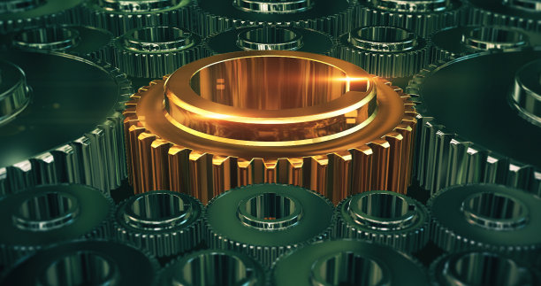 闪亮的金色齿轮从人群中脱颖而出。图片下载