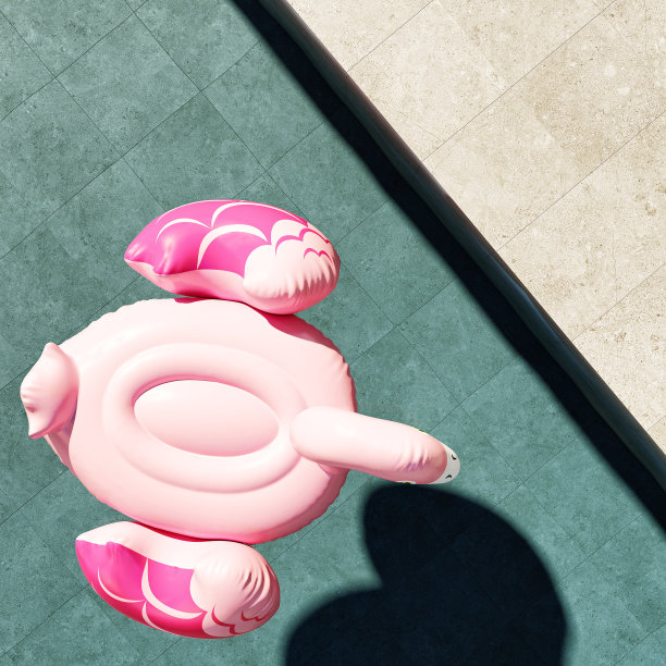 粉红色的塑料火烈鸟在后院的室外游泳池里盘旋。3 d渲染。前视图。夏天的感觉图片下载