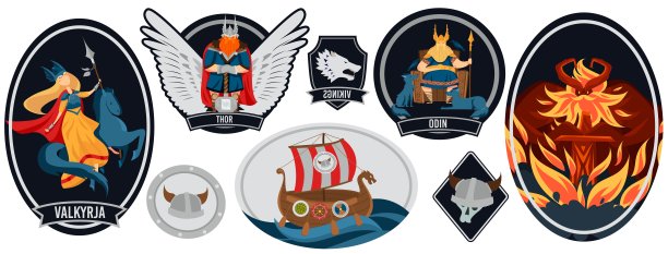 维京历史，战士符号，蛮族盾牌，斯堪的纳维亚中世纪徽章，设计，卡通风格矢量插图。奥丁，托尔，瓦尔基里亚，奥丁图片下载