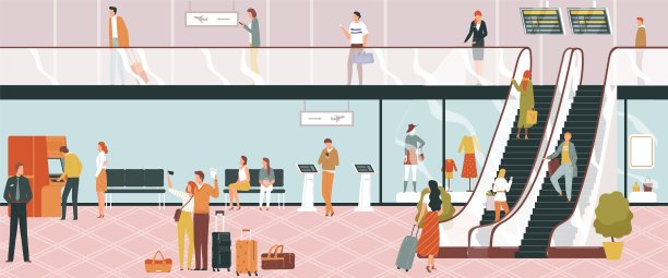 机场旅行，终端飞机出发，旅客旅行，跑道运输背景，设计，平面风格矢量插图图片下载