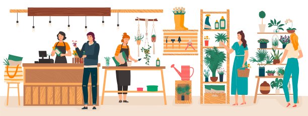 花卉和植物花店的内部花匠照顾室内植物，妇女购买花卉卡通矢量插图。图片下载