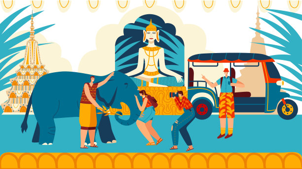 游客在城市泰国人的传统建筑、雕塑和大象，白种人游客旅游娱乐卡通矢量插图。图片下载