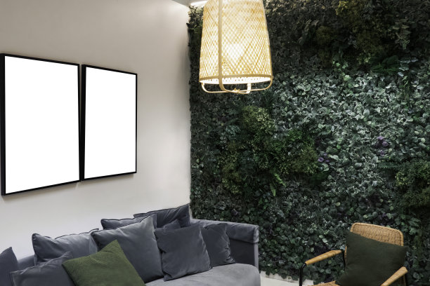 现代办公室，客厅内部两个空白的白色模拟海报框架画布图片下载