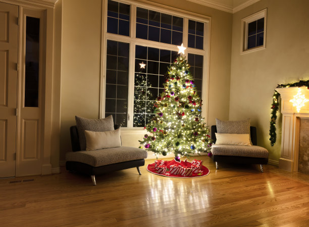 明亮的圣诞节，闪亮的灯在家门口的窗户前图片下载