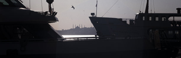 黑白相间的伊斯坦布尔，渡船，清真寺和博斯普鲁斯海峡剪影图片下载