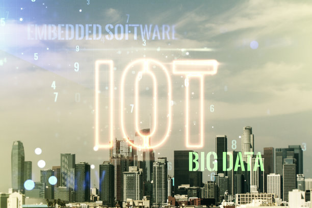 洛杉矶城市景观背景上的创意物联网插图，未来的技术概念。Multiexposure图片下载