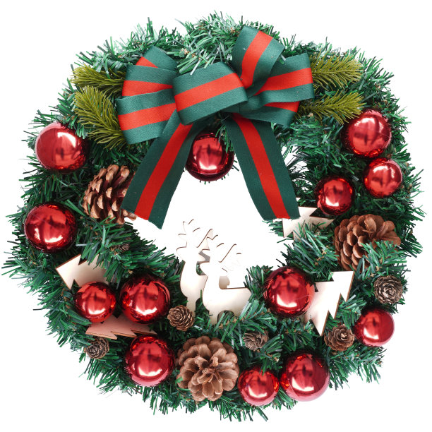 圣诞花环由冷杉树和松果制成，带蝴蝶结红色球体孤立在白色圣诞装饰品上图片下载