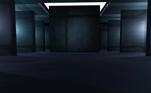 科幻的地下走廊，有深色的工业混凝土和金属墙壁和地板，还有霓虹灯。图片下载