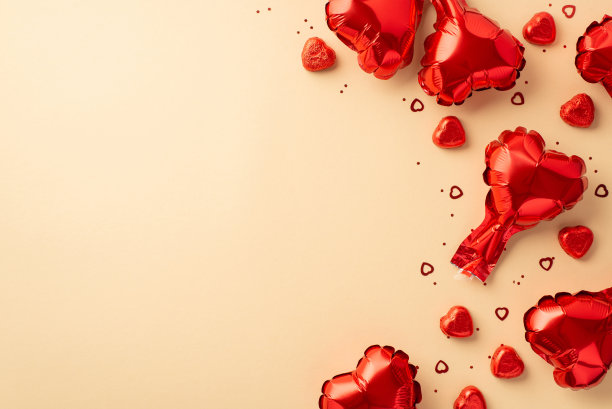 情人节的概念。顶部视图照片心形气球巧克力糖果和彩色纸屑在孤立的粉彩米色背景与复制空间图片下载