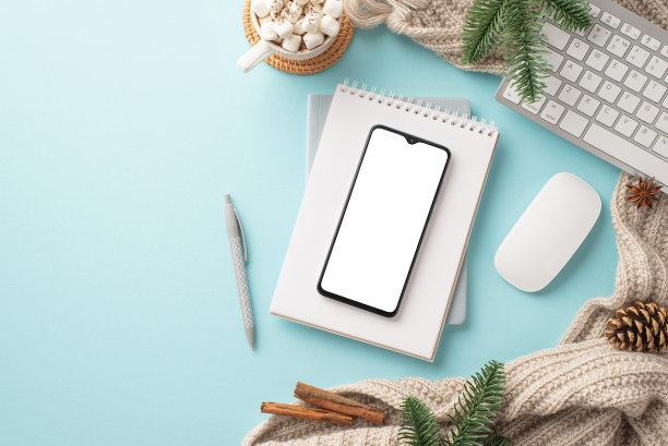俯视图照片智能手机键盘电脑鼠标规划笔杯可可棉花糖针织围巾冷杉树枝松果和肉桂棒在孤立的浅蓝色背景与复制空间图片下载