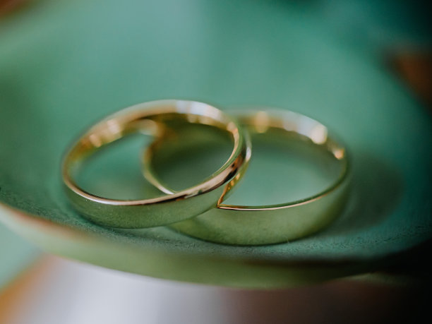 绿色植物叶子上的传统金戒指图片下载