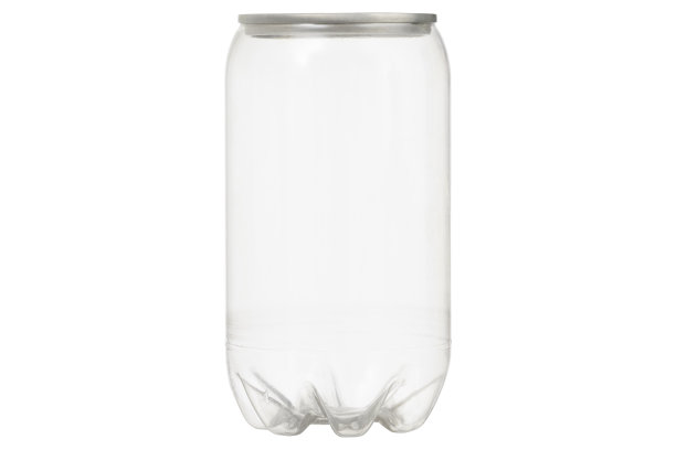前视图的透明塑料饮料罐突出的白色背景图片下载