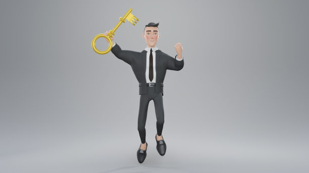 3 d渲染。成功的钥匙为事业或事业发展，快乐成功的商人握着金钥匙。图片下载