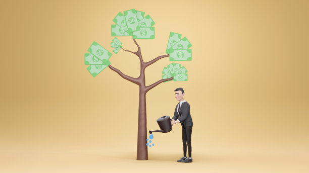 3 d渲染。西装革履的快乐商人浇灌着一棵摇钱树图片下载