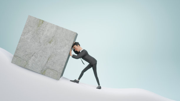 3 d渲染。西西弗斯的商业概念，一个人推着一块巨大的岩石上山在一个不可能的任务显示决心和耐力图片下载