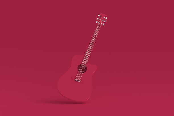 红底色洋红色吉他。2023年的流行色。三维渲染图片下载