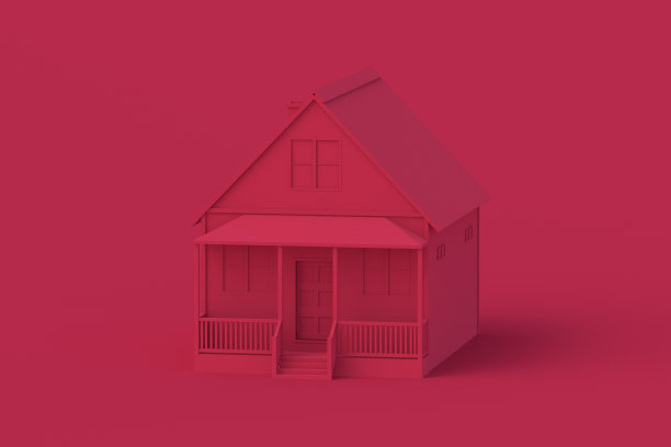 红色背景上的洋红色建筑。2023年的流行色。三维渲染图片下载