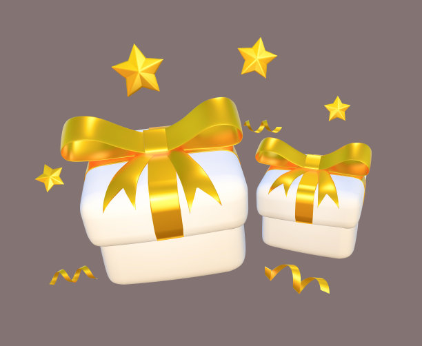 白色礼盒用金色蝴蝶结和金色星星3d装饰。白色背景上孤立的白色和金色礼品礼盒。， 3D渲染可爱的新年喜庆礼盒。图片下载