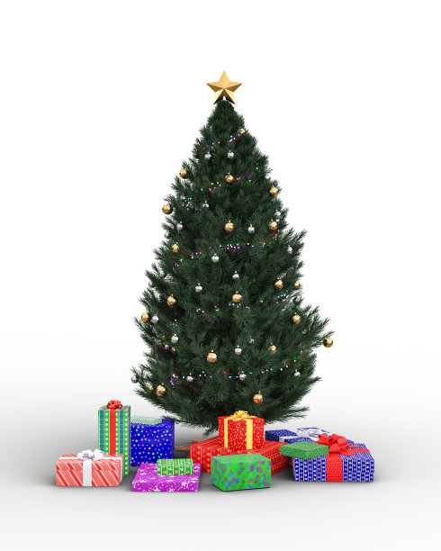 深绿色的圣诞树，上面有彩灯和彩色的小玩意。在树周围的地板上裹着绒布。孤立的3D渲染。图片下载