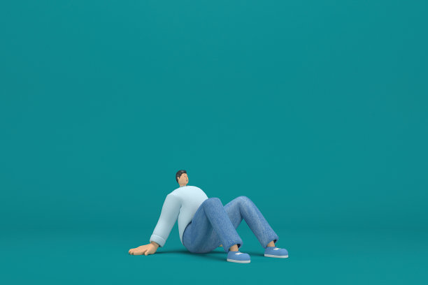 卡通人物穿着牛仔裤和长衬衫。他说话时手脚都很灵活。表演中的3d渲染。图片下载