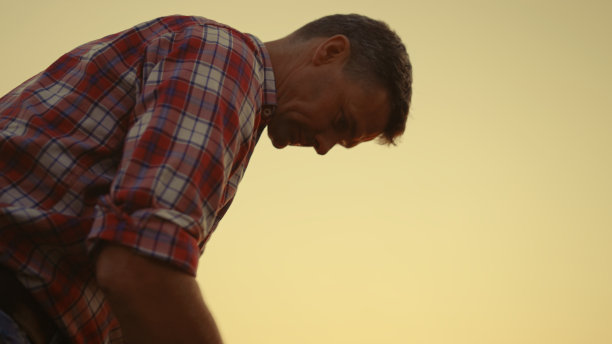 农业企业主在日落小麦农田检查作物。植物的生长图片下载