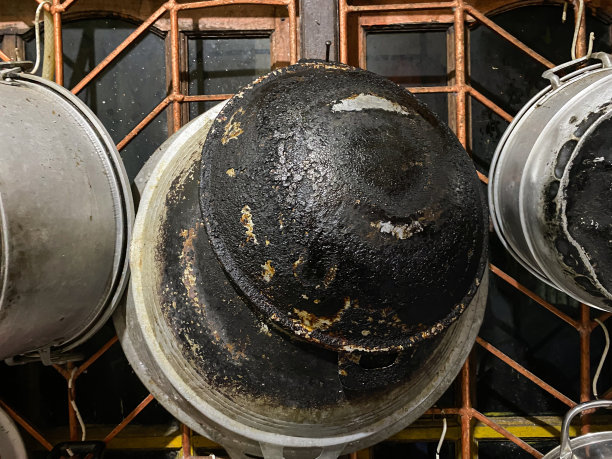 由烧焦和肮脏的不锈钢锅碗瓢盆组成。看起来又脏又黑图片下载