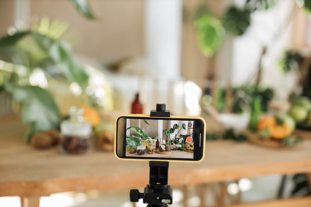 博主或内容创作者在家准备天然化妆品，用手机录制视频。图片下载