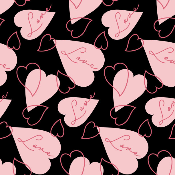 粉红色的心和爱情在黑色的背景上，对比浪漫的无缝模式图片下载