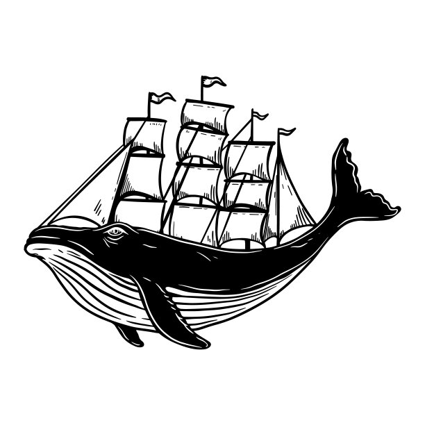 捕鲸航行。鲸鱼与船帆的插图。海报，卡片，横幅，徽章，标志的设计元素。矢量图图片下载
