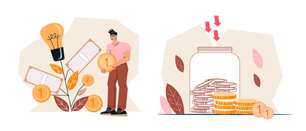 金钱储蓄财富，收入或收入增加插图集，平矢量。图片下载