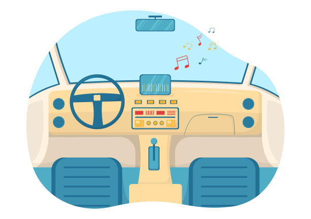 汽车音频与扬声器，音响系统或音乐汽车在平面卡通海报手绘模板插图图片下载