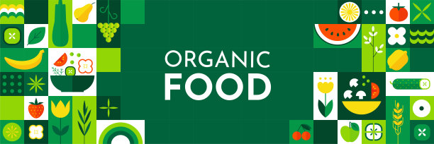 农业食品模式，有机蔬菜。几何健康水果，抽象绿色生态。餐厅和咖啡厅菜单，生态商店，生物产品横幅。宣传册和传单矢量设计背景图片下载