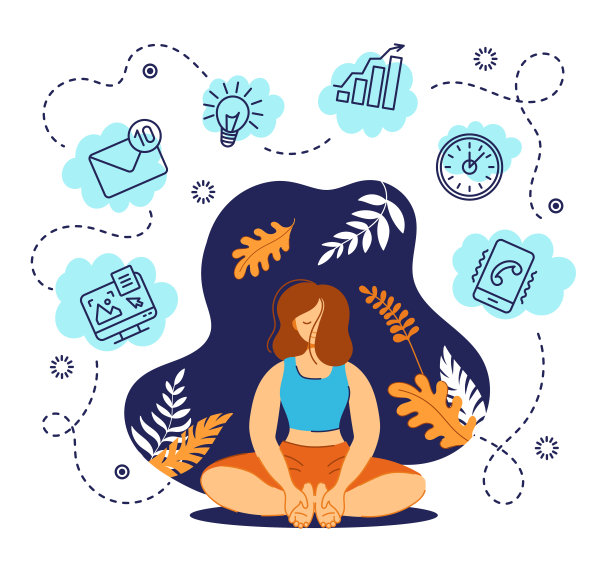 幸福的人在瑜伽中保持平静。冥想的人。女性在禅中一心多用。放松的运动。冥想体式。工作浓度。排毒的信息。矢量平面图图片下载