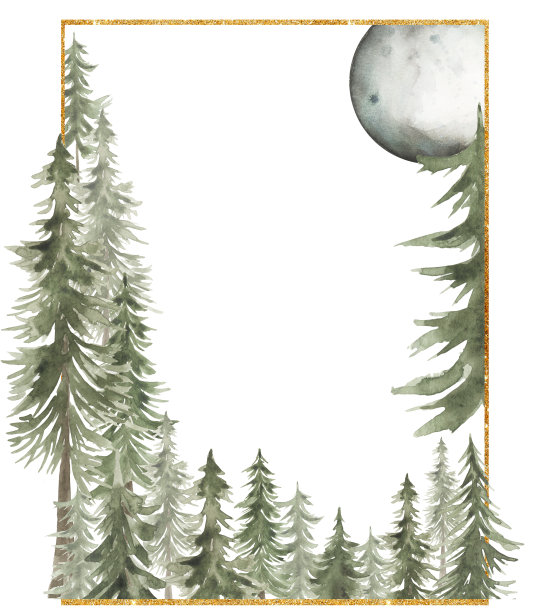水彩林地和山脉框架插图，森林背景。卡片邀请设计与森林树木。常绿乔木花环，橡树、冷杉天然镶边印花图片下载