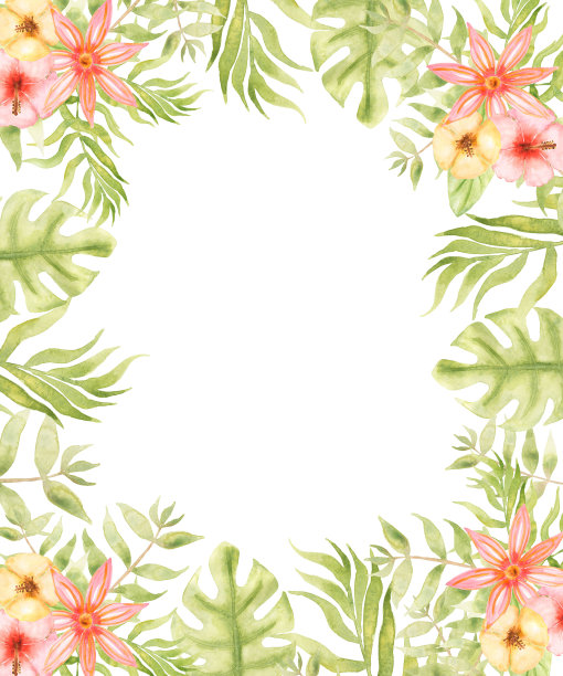 水彩热带花卉花束插图。绿色热带树叶框架。蓬莱蕉叶子。夏天花剪纸。海滩花卉。孩子们的生日卡片。婴儿派对的图片。名片模板。图片下载