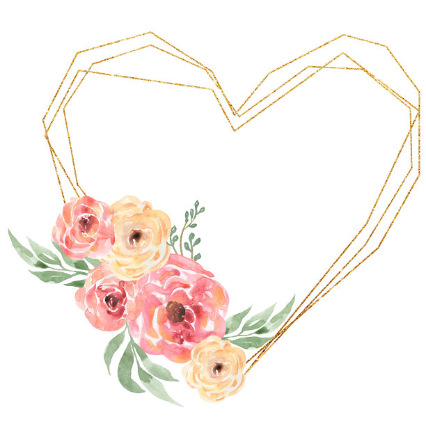 水彩粉红色和黄色花卉和草木框架插图。绿色的夏叶和金色的花框心。婚礼的邀请。叶剪纸艺术。花圈布置。名片模板。图片下载