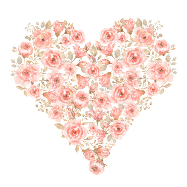 水彩珊瑚牡丹花卉心脏插图。夏天粉红色的花朵。婚礼的邀请。绿色植物的剪纸艺术。花圈布置。名片模板。图片下载