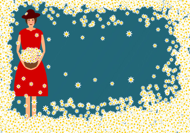 一个穿红裙子的女人拿着一个花篮。春天的背景图片下载