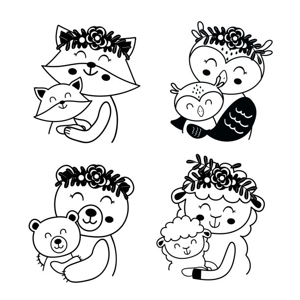 一套孤立的黑色轮廓的母亲和婴儿动物1图片下载