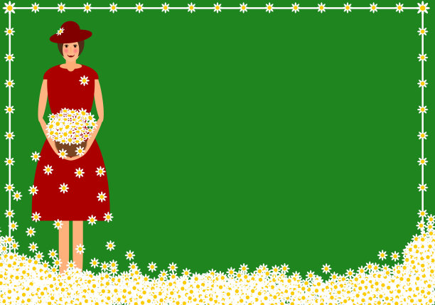 一个穿红裙子的女人拿着一个花篮。春天的背景图片下载