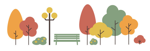 公园里的一组树、路灯和长凳图片下载