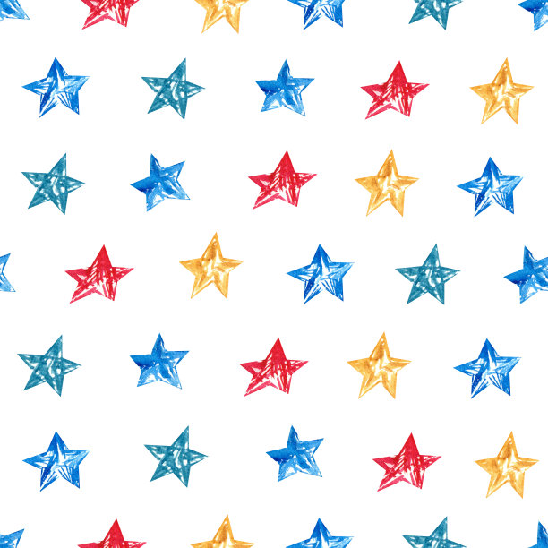 无缝图案与彩色星星在深白背景。节日的设计。水彩手绘插图。图片下载