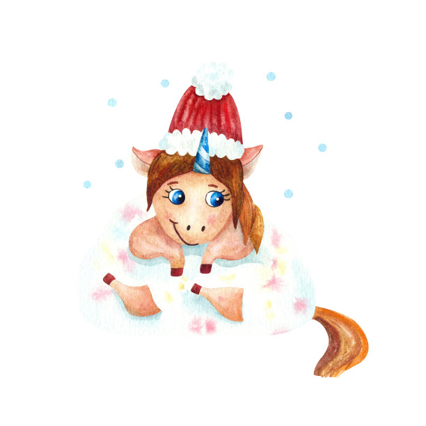 冬季水彩手绘插图与可爱的小独角兽在雪堆。圣诞设计与仙女宝宝动物。图片下载