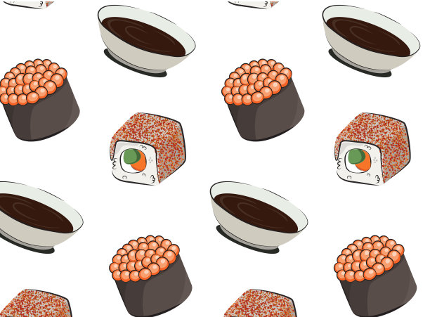 日本料理，食物。矢量模式平面插图隔离在白色背景上。寿司卷饭团酱油集无缝模式。股票的照片。餐厅的菜单和海报。交付图片下载