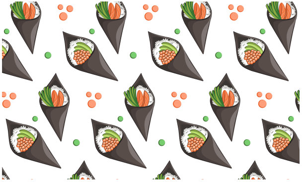 日本料理，食物。矢量模式平面插图隔离在白色背景上。寿司卷饭团酱油集无缝模式。股票的照片。餐厅的菜单和海报。交付图片下载