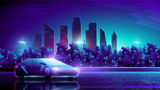 矢量彩色插图的未来汽车站在夜间道路对城市的背景。图片下载