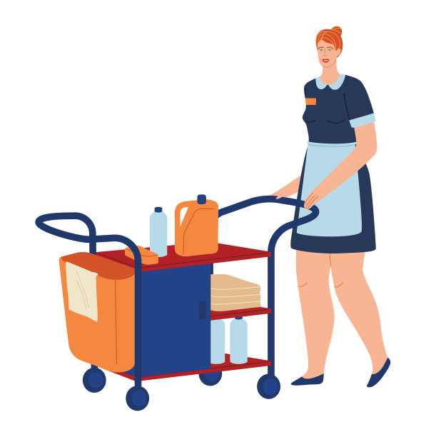 保洁小姐，酒店女服务员，隔离白色，专业服务制服，设计，卡通风格矢量插图。图片下载