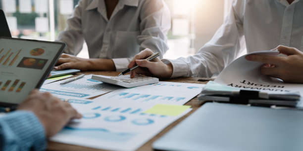 业务团队同事在团队中讨论工作分析与财务数据和市场增长报告图表，会议讨论头脑风暴沟通概念图片下载