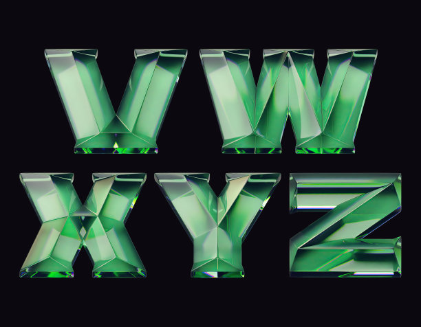 3d渲染的字体设置与字母的光泽绿色玻璃图片下载